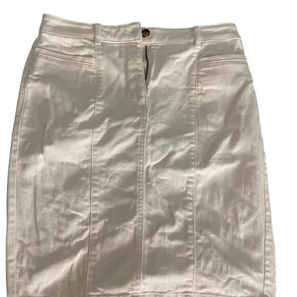 Ann Taylor High Rise Denim Midi Pencil Skirt Womens 8P Cream Stretch Slit Classy - Picture 3 of 12